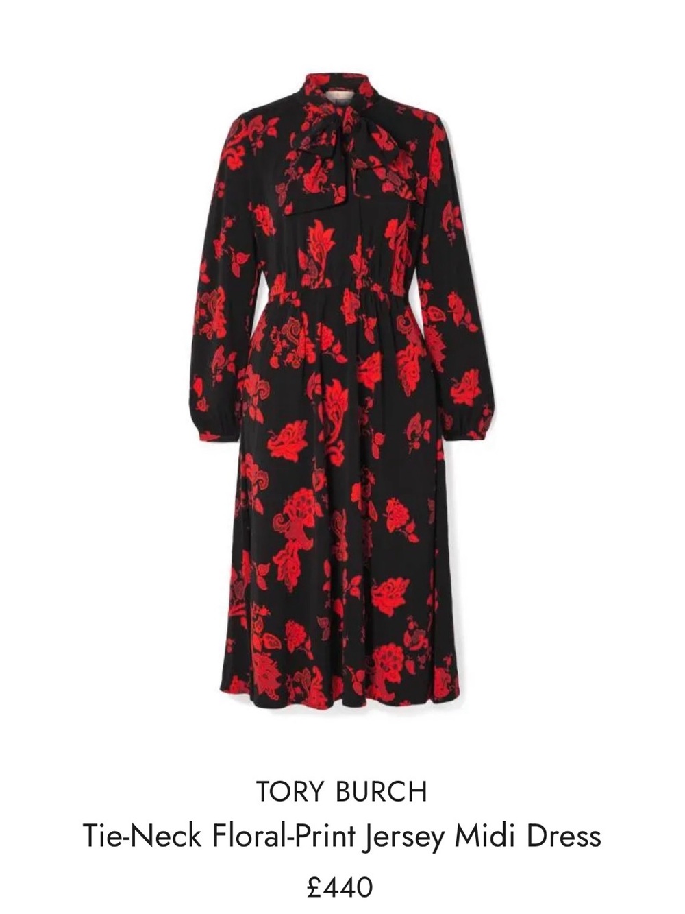 Tory Burch Black with Red Floral Tie-Neck Midi Dress